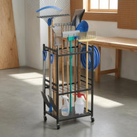 Long-Handled Tool Rack Castor Wheels Garden Tool Rack Large Capacity for Garage, Utility Room