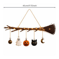 Glowing Lighted Broom with Ornaments Hanging Broom Decoration with Lights Warm White Halloween Decorations Black