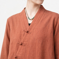 Women Long Sleeve V-Neck Blouse with Handmade Chinese Frog Closure Buttons, Wrap Front for Casual Everyday Wear, Loose Fit Vintage Style Shirt