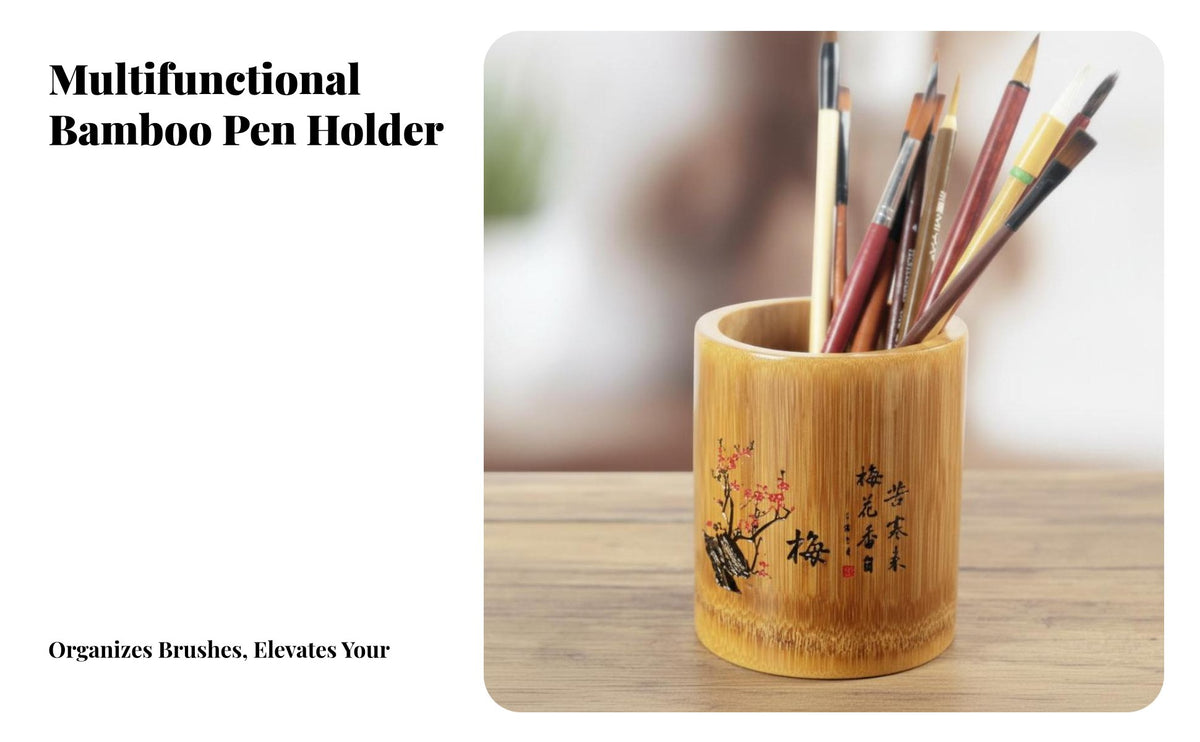 Bamboo Pen Holder Carving Round Bamboo Organizer Chinese Design Stationery Holder for Calligraphers, Artists, Study Room