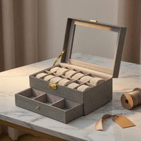 Gold-Tone Clasp Watch and Jewelry Case Gray Fabric Fabric-Lined Interior Watch Box with Drawer