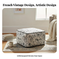 French design Woven Square Pouf Black and cream Pattern Floor seat Retro Design Ottoman Jacquard Weave for Adults, Homeowners, Parents, Living Room, perusing corner, Bedroom