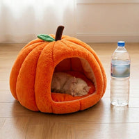 Pumpkin Cat Beds for Indoor Cats, Dog Bed with Hood and Thermal Padding, Small Dog Washable Bed with Removable Cushion and Waterproof Base