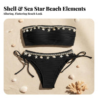Beach-Themed Trim Bikini Removable Padding Strapless Bandeau Bikini Wire Comfort Solid Color Two-Piece for Young Adults, Teens, Beach, Vacation, Pool
