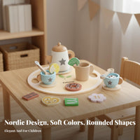 Wooden Toy Tea Set Nordic Design Pretend Afternoon Tea Set High-Quality Wood Kids Wooden Kitchen Accessories for Preschoolers, Young Children