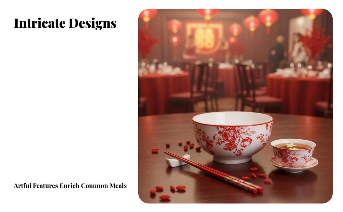 Chinese Floral Ceramic Bowl, Red Underglaze Rice Bowl, Elegant Tableware for Home, Wedding, Festive