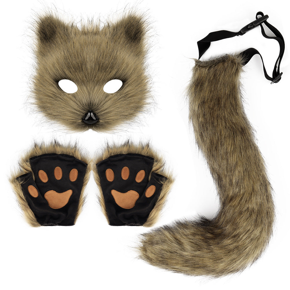 Halloween Fox Mask, Gloves, and Plush Tail Cosplay Accessory Set