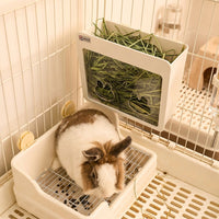Bunny Hay Feeder with Low Mess Hay Box and Metal Hay Rack for Guinea Pigs, Clamp Fixation Cage Accessory, 25 × 13.3 × 19.8 cm, White