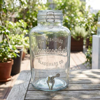 Glass Beverage Dispenser with Stainless Steel Tap and Wood Stand, Nordic Design Glass Beverage Server with Handle for Cold Refreshment Party Events