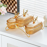 Elegant Design Snack Dish Set with Metal Stand Food-Grade Material Lidded Fruit and Nut Serving Platter Gold Accents Compartment Snack Platter Dustproof for Hotels, Parties, Holiday Gatherings, Living Room, Weddings