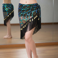 Lightweight Belly Dance Hip Scarf Adjustable Tie Sequin Fringe Skirt Asymmetrical Dance Skirt for Stage Performance, Halloween Party