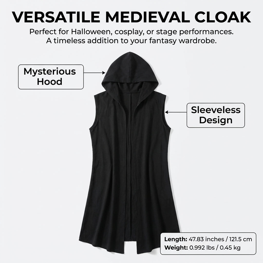 Medieval Hooded Cape Sleeveless Knight Tunic for Men, Chenille Fabric Costume for Halloween Party, Unisex Gothic Cloak