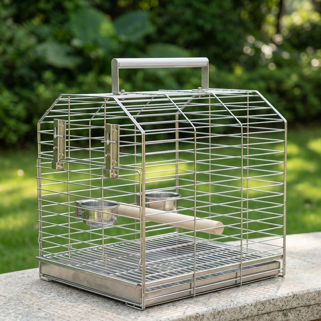 Handheld Bird Cage, Extra Large 304 Stainless Steel Bird Carrier with Wood Perch, Portable Outdoor Cockatiel Cage and Bird Cage with Cover