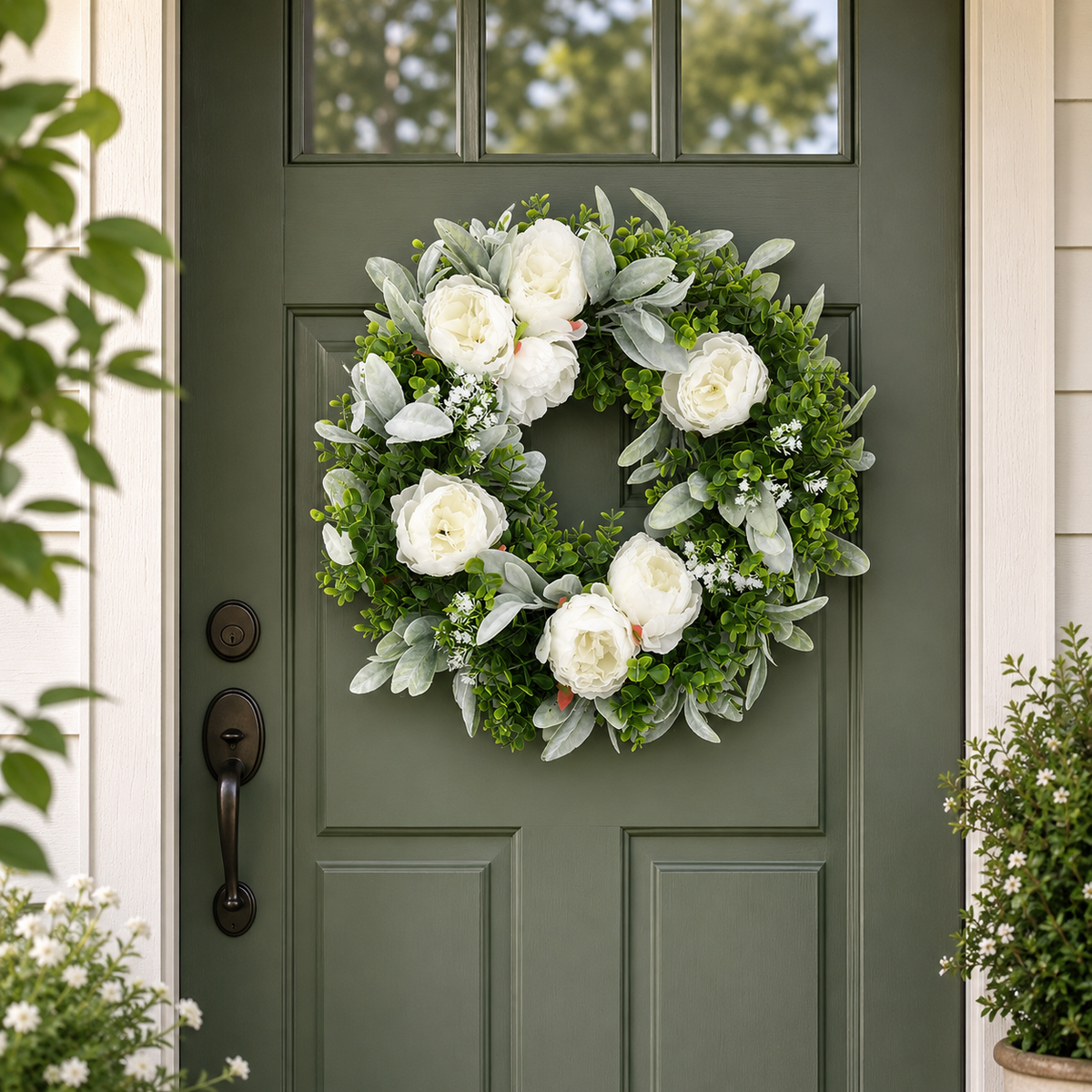Spring Wreath for Front Door, 50cm Peony Decorative Wreath, Artificial Floral Wreath, White Flower Wreath for Indoor Use