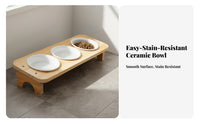 Anti-Tipping Triple Ceramic Pet Bowl with Wooden Stand Easy to Clean Elevated Cat Bowl Set Microwave Safe for Multiple Pets, Small Dogs
