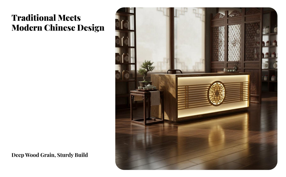 New Chinese Design Reception Desk Carving Solid Wood Cashier Bar Table Sturdy Construction Timeless Hotel Welcome Desk for Cashiers, Teahouse