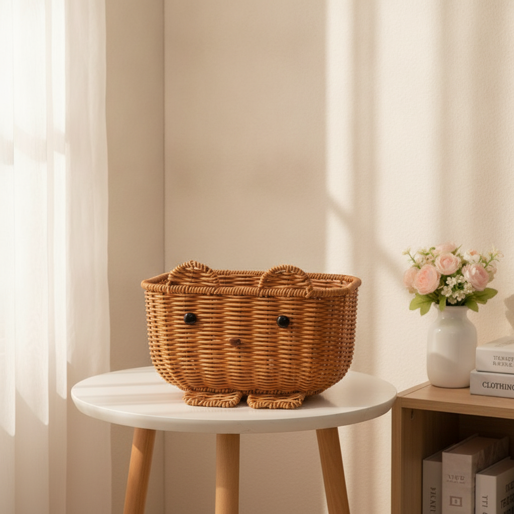 Handwoven Rattan-Style Cartoon Bear Storage Basket for Snacks and Toys