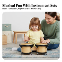 Natural Skin Drumhead Bongo Drum Set Educational 6 and 7 Inch Bongo Drums Develops Movement Skills Percussion Instrument Kit Long-Lasting for Preschoolers, Beginners, Preschool, Kindergarten, Playroom, Family Activities