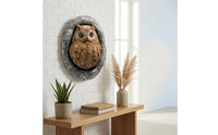 Feather-Textured Owl Wall Hanging Bark-Like Frame Resin Owl Ornament 3D Carved Details for Garden, Courtyard