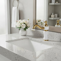Polished Gold Faucet with Rotating Outlet Marble Textured Gooseneck Faucet Glossy Basin Tap Vintage for Bathroom, Powder Room, Guest Bath