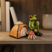 Resin Frog Statue with Tent Novelty Design Camping Frog Figurine House Decoration Collectible Handmade for Desktop, Shelf