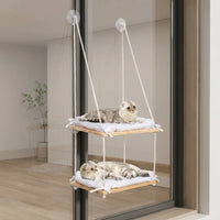 Cat Hammock Window Perch with 2 Levels, Solid Wood Hanging Bed for Large Indoor Cats, Suction Cup Mounted Smooth Textile Double Tier Rest Area