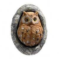 Feather-Textured Owl Wall Hanging Bark-Like Frame Resin Owl Ornament 3D Carved Details for Garden, Courtyard