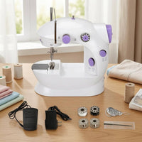 Compact Desktop Sewing Machine Foot Pedal Electric Sewing Machine White and Lavender Adjustable Dials