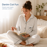 Women's Long Sleeve Pajama Set with Built-in Bra Pads, Cartoon Cat/Dog Print Loungewear
