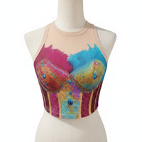 Halter Crop Top with Feathers Cropped Glitter Halter Top with See-Through Yoke Apparel Glittery Sparkling for Women