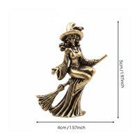 Handmade Craft Witch on Broom Statue Creative Design Brass Witch Figurine for Desktop, Office, Bookshelf