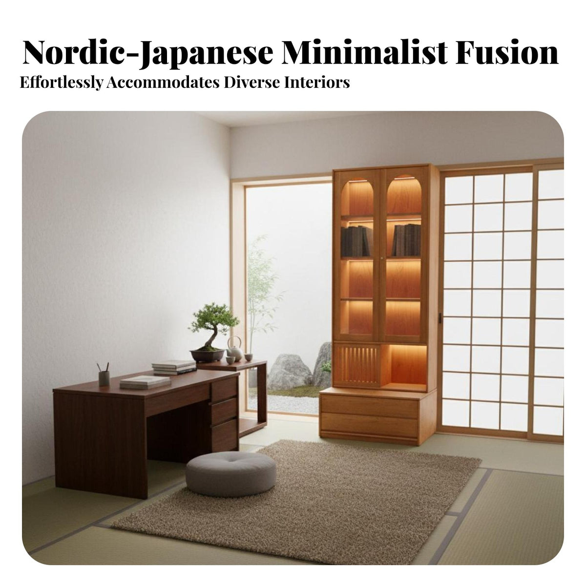 shelving integrated design with Integrated Seat Nordic design Tall shelving integrated design with Cabinet Glass Panel Doors Shelving integrated design for Book Lovers, Students, Living Room, Library