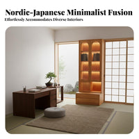 shelving integrated design with Integrated Seat Nordic design Tall shelving integrated design with Cabinet Glass Panel Doors Shelving integrated design for Book Lovers, Students, Living Room, Library