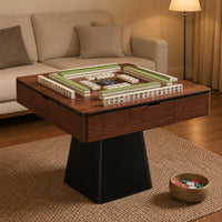 Tapered Pedestal Base Mahjong Machine Table Built-in Square Mahjong Table Wood-Grain Black Border