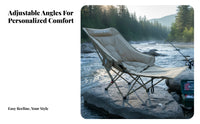 Sturdy Duty Highrear Moon Chair Integrated beverage Holder Adjustable Highrear Camp Recliner Padded Headrest Folding Lounger Oversized Wide Seat for Beachgoers, Outdoor aficionados, Camping, Fishing, Picnics, rearyard