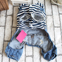 Striped Pet Denim Jumpsuit for Dogs, Four-Legged Overalls for Small to Medium Breeds, Spring/Summer Pet Apparel