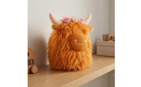 Orange Shaggy Stuffed Cow Faux Fiber Highland Cow Stuffed Farm Animal Plushie Embroidered Floral