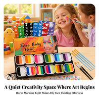 Face Paint Kit with Brushes and Stencils | 12 Bright Colors, complete, Face and Body Paint Set with Stencils, for Parties
