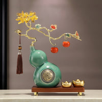 Gold-Tone Gourd Ornament with Wooden Base Traditional Ceramic Gourd Artisanal Statue Glossy for Homeowners, Living Room, Housewarming