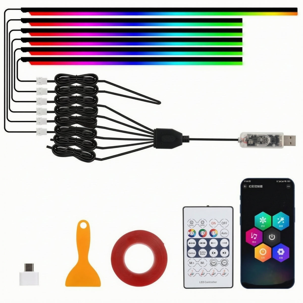 6 Pieces Acrylic Interior Car LED Lights App Controlled Car Ambient Lighting Kit Acrylic Light Strips Multicolor for Drivers
