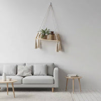 Natural Wood Macrame Wall Hanging Shelf Bohemian Tapestry Shelf Home Storage for Bedroom