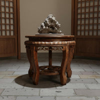 Antique Look Carved Wooden Tray Stand Heavy Duty Round Wood Stand Wooden Display Riser for Living Room, Garden