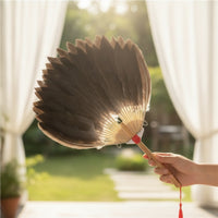 Handmade Feather Hand Fan with Wooden Handle Traditional Feather Hand Fan Elegant Vintage for Performers, Dancers, Stage Performance, Costume Styling, Photo Props, Home Decor