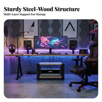 Heavy Duty Amplifier Cabinet Long-Lasting Steel and Wood Equipment Shelf Space Saving Design AV Component Stand Easy Assembly for Audiophiles, Home Theater Enthusiasts, Living Room