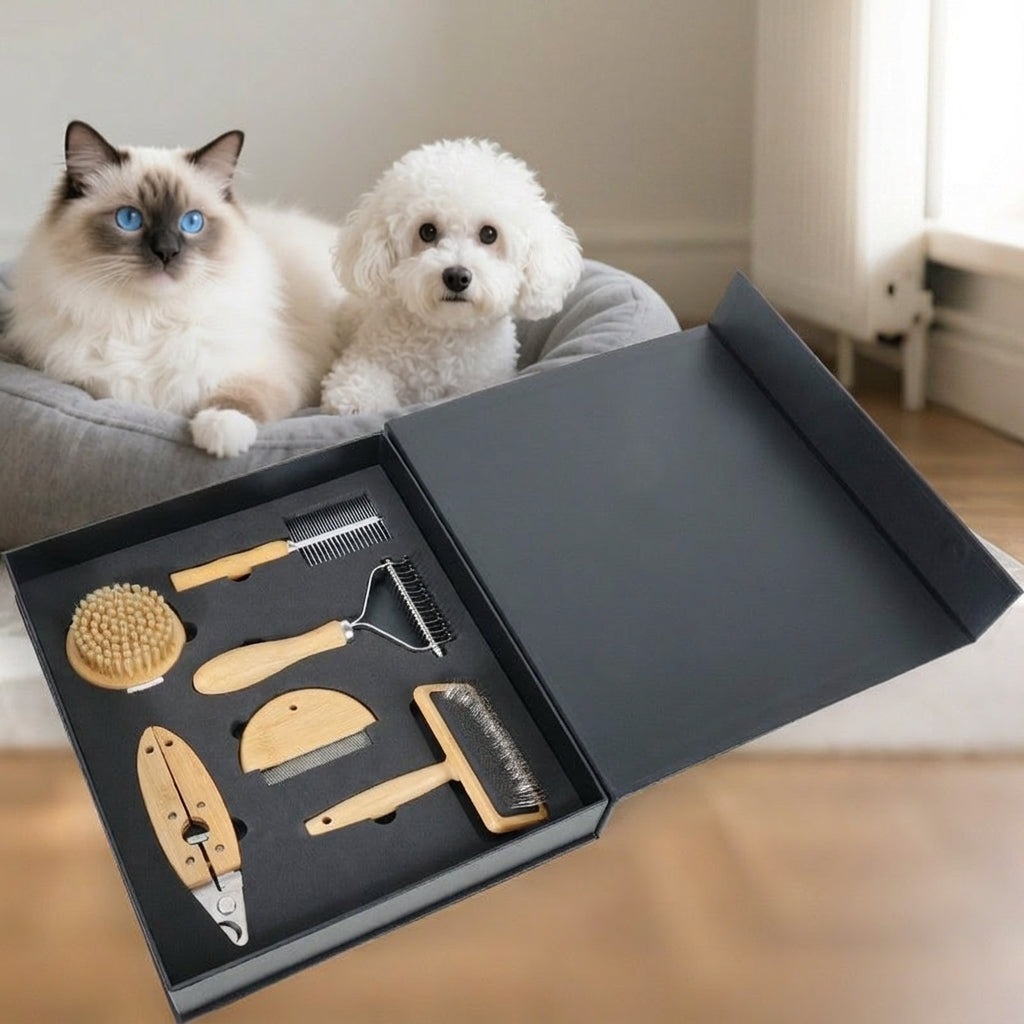 Cat Brush and Dog Brush for Shedding with Bamboo Handle, Double Sided Slicker Brush and Metal Cat Comb, Hair Removal Kit with Case, 6-Piece Set