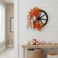 Wagon Wheel Wreath Artificial Flowers Fall Pumpkin Wreath Waterless Design Door Hanging