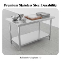 Easy to Clean 2-Tier Stainless Steel Table High Load Capacity Stainless Steel Prep Table Rust-Resistant Commercial Kitchen Worktable Multi-Purpose for Caterers, Restaurant Personnel, Homeowners, Bakery, Warehouse, Garage, Workshop