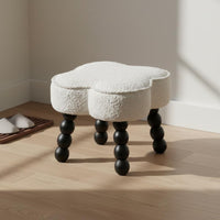 Cumulus Shaped Stool Solid Wood Legs Sherpa Upholstered Footstool Soft Padded Seat Cream Design Vanity Stool for Children, Living Room, Bedroom