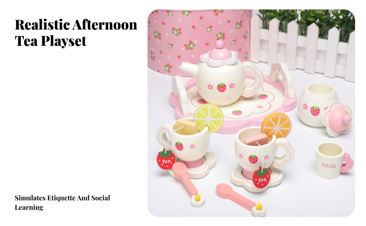 14 Pieces Educational Pretend Play Afternoon Tea Set Screen-without Screens Fun Kids Tea Party Set Paint Kids Wooden Kitchen Accessories Polished Edges for Girls, Preschoolers, Toddlers