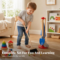 6 Pieces Storage Stand Wooden Cleaning Toy Set Role-Play Pretend Cleaning Kit Bristle and Textile Heads Kids Broom Mop Set Colored Parts for Children